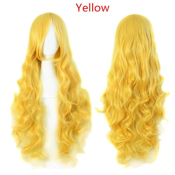 MapofBeauty 32" Long Wavy Cosplay Wigs Fake Bangs 29 Colors Pink Black Blue Brown Blonde Women Wig Heat Resistant Synthetic Hair