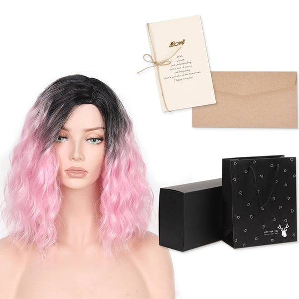 I's a wig Synthetic Ombre Red Blue Pink Wigs Short  Black Hair for  Women's  14" Long  Water Wave  False Hair