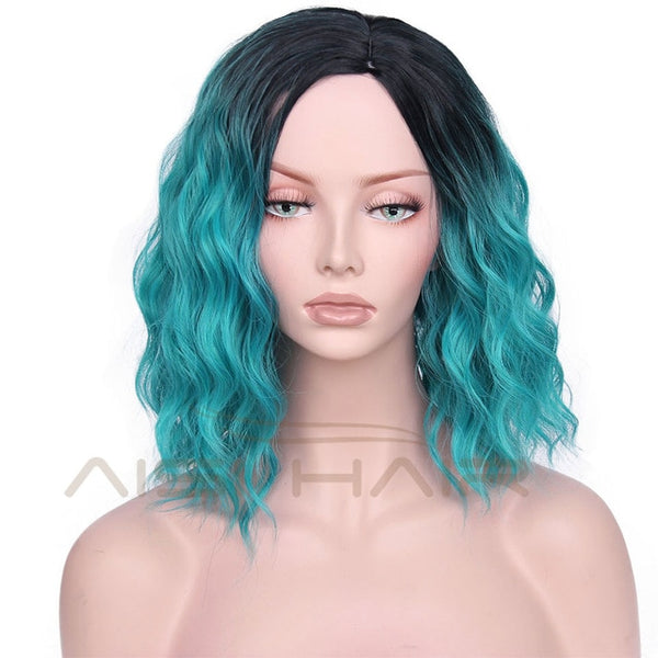 I's a wig Synthetic Ombre Red Blue Pink Wigs Short  Black Hair for  Women's  14" Long  Water Wave  False Hair
