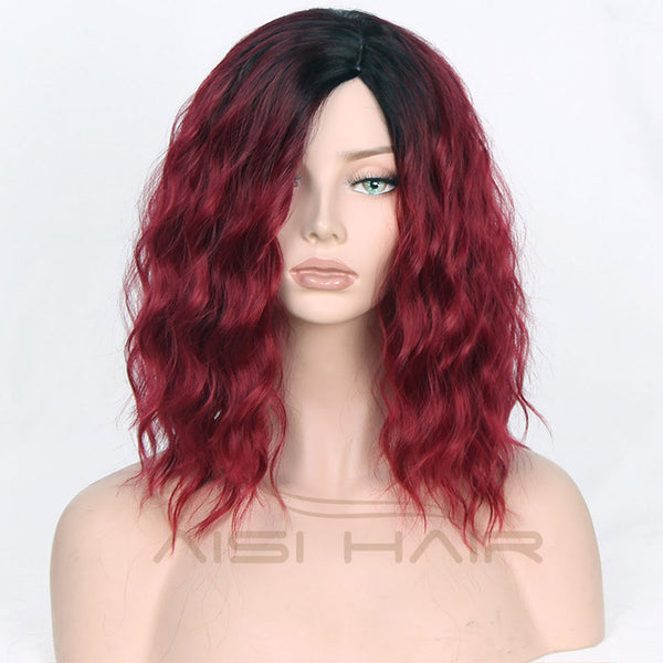 I's a wig Synthetic Ombre Red Blue Pink Wigs Short  Black Hair for  Women's  14" Long  Water Wave  False Hair