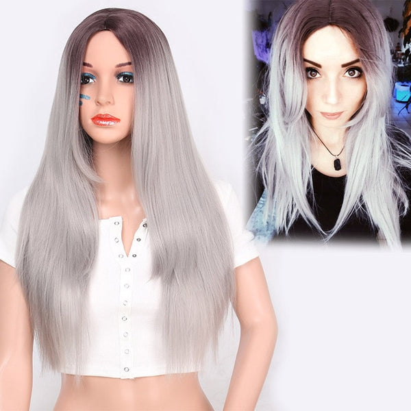 Doris beauty Long Straight Ombre Black Red Wigs for Women with Middle Part Synthetic Cosplay Blonde Pink Brown Gray Green