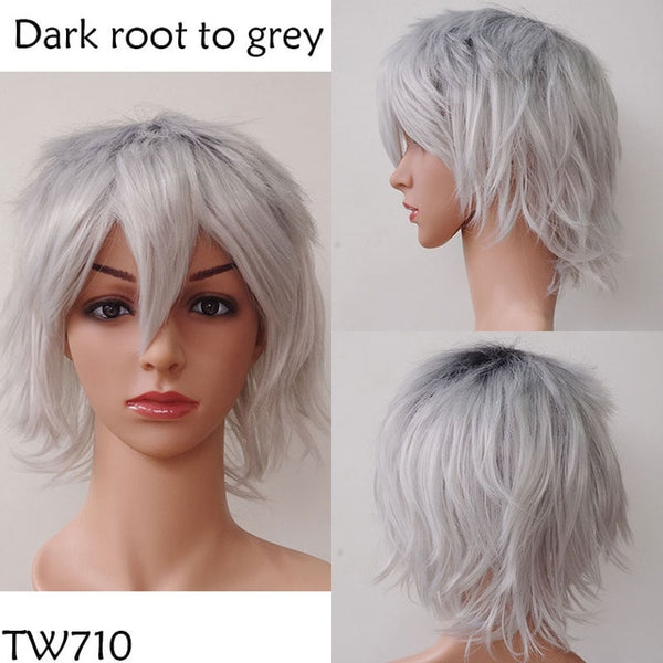 SNOILITE Black White Purple Red Short Hair Cosplay Wig 30 Cm High Temperature Fiber Synthetic Hair Wigs for christmas party