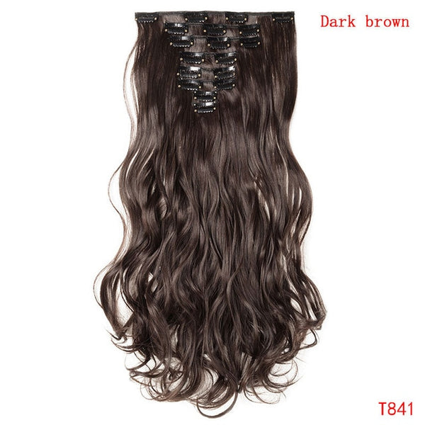 SNOILITE 24inch 8pcs/set Wavy 18 Clips in False Hair Styling Synthetic Hair Extensions Hairpiece Extension hair for Human