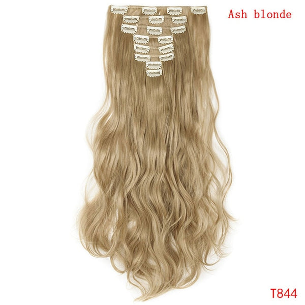 SNOILITE 24inch 8pcs/set Wavy 18 Clips in False Hair Styling Synthetic Hair Extensions Hairpiece Extension hair for Human