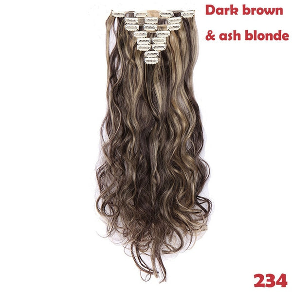 SNOILITE 24inch 8pcs/set Wavy 18 Clips in False Hair Styling Synthetic Hair Extensions Hairpiece Extension hair for Human