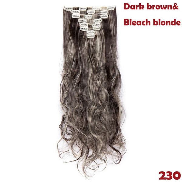 SNOILITE 24inch 8pcs/set Wavy 18 Clips in False Hair Styling Synthetic Hair Extensions Hairpiece Extension hair for Human