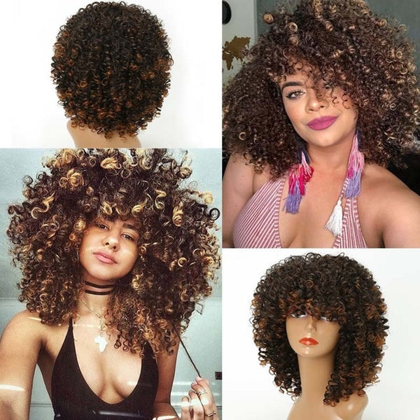 MISS WIG 16Inches Long Afro Kinky Curly Wigs for Black Women Blonde Mixed Brown Synthetic Wigs African Hairstyle Heat Resistant