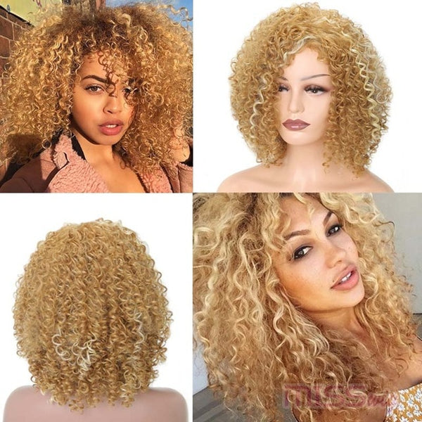 MISS WIG 16Inches Long Afro Kinky Curly Wigs for Black Women Blonde Mixed Brown Synthetic Wigs African Hairstyle Heat Resistant