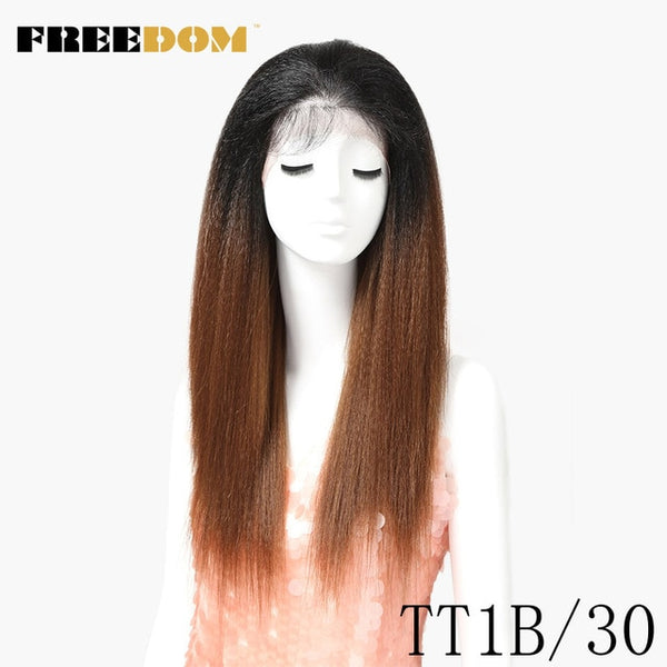 FREEDOM Synthetic Wigs With Baby Hair For Black Women 26 inch Heat Resistant Fiber Long Ombre Brown Yaki Straight Lace Front Wig