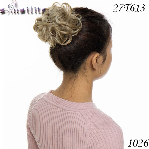 S-noilite Bun Curly Updo Cover Donut Chignon Synthetic Hair Women Drawstring Ponytail  Hairpieces Black Brown Blonde