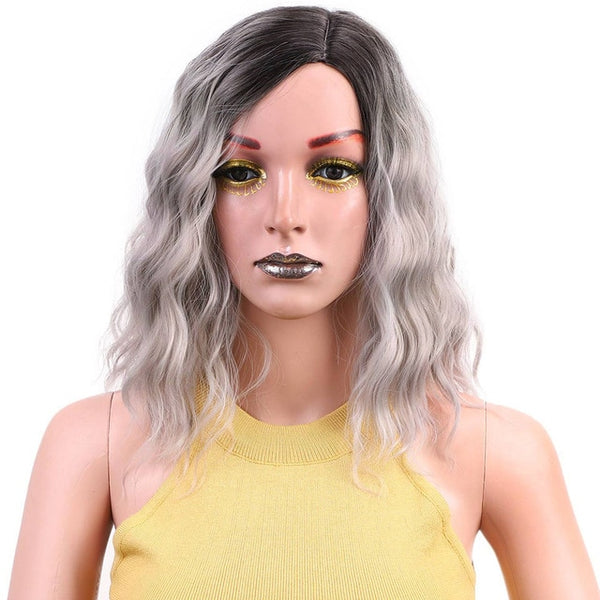 I's a wig Synthetic Ombre Red Blue Pink Wigs Short  Black Hair for  Women's  14" Long  Water Wave  False Hair