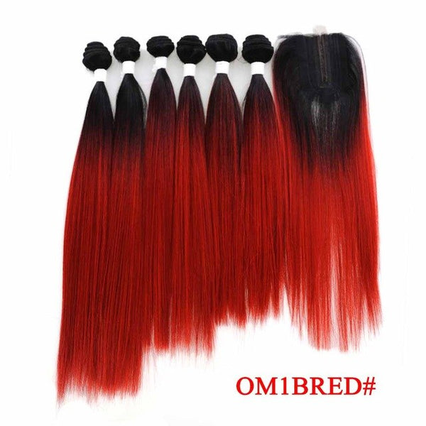 SOKU Synthetic Hair Bundles With Closure 14-18inch Yaki Straight Hair Weaving 6 Bundles With Lace Closure 185g 7pieces/pack