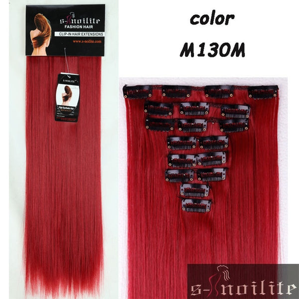 S-noilite 8Pcs Long 26 inches Straight Full Head Clip in on Hair Extensions real Synthetic Black Brown Blonde Red Pink Purple