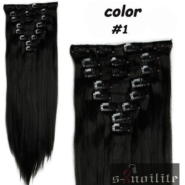 S-noilite 8Pcs Long 26 inches Straight Full Head Clip in on Hair Extensions real Synthetic Black Brown Blonde Red Pink Purple