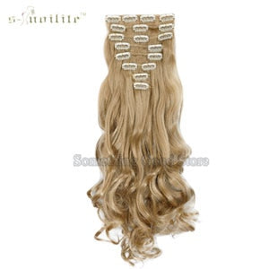 SNOILITE 24inch 170g Long Curly 18 Clips in False Hair Styling Synthetic Hair Extensions Hairpiece 8pcs/set Soft Natrual Black