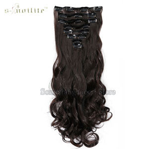 SNOILITE 24inch 170g Long Curly 18 Clips in False Hair Styling Synthetic Hair Extensions Hairpiece 8pcs/set Soft Natrual Black