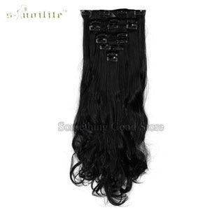 SNOILITE 24inch 170g Long Curly 18 Clips in False Hair Styling Synthetic Hair Extensions Hairpiece 8pcs/set Soft Natrual Black