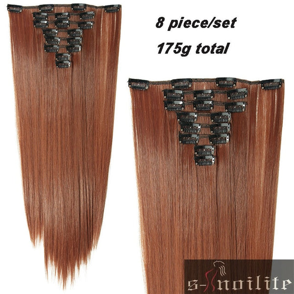 S-noilite 8Pcs Long 24 inches Striaght Real Thick Full Head Clip in on Hair Extensions Natural Synthetic Hairpieces for human