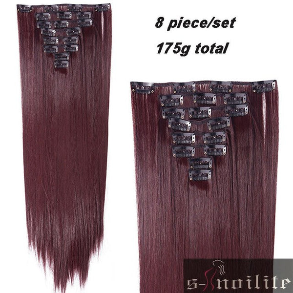 S-noilite 8Pcs Long 24 inches Striaght Real Thick Full Head Clip in on Hair Extensions Natural Synthetic Hairpieces for human