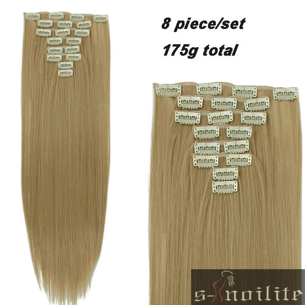 S-noilite 8Pcs Long 24 inches Striaght Real Thick Full Head Clip in on Hair Extensions Natural Synthetic Hairpieces for human