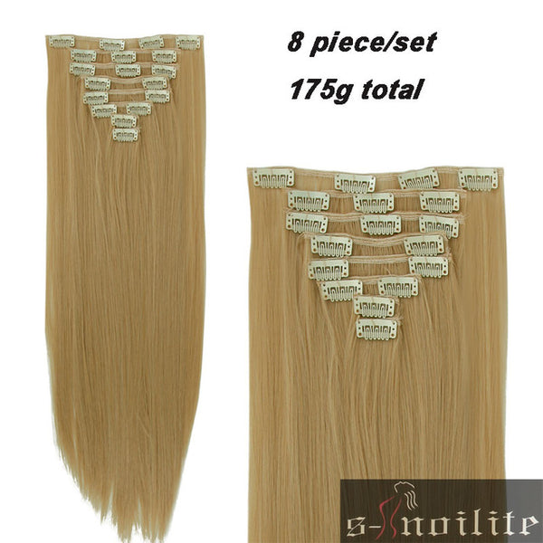 S-noilite 8Pcs Long 24 inches Striaght Real Thick Full Head Clip in on Hair Extensions Natural Synthetic Hairpieces for human