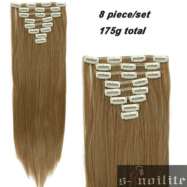 S-noilite 8Pcs Long 24 inches Striaght Real Thick Full Head Clip in on Hair Extensions Natural Synthetic Hairpieces for human