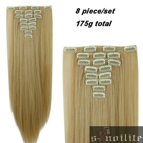 S-noilite 8Pcs Long 24 inches Striaght Real Thick Full Head Clip in on Hair Extensions Natural Synthetic Hairpieces for human