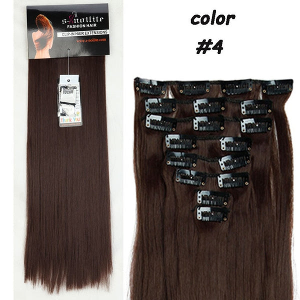 S-noilite 24" 8 Pieces/set Long Striaght 180g Clip in on Natural Hair Extensions Full Head Real Synthetic 18 Clips ins for human