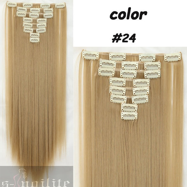 S-noilite 24" 8 Pieces/set Long Striaght 180g Clip in on Natural Hair Extensions Full Head Real Synthetic 18 Clips ins for human