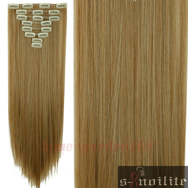 S-noilite 24" 8 Pieces/set Long Striaght 180g Clip in on Natural Hair Extensions Full Head Real Synthetic 18 Clips ins for human