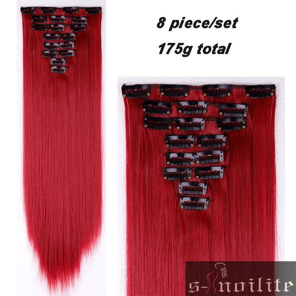 S-noilite 24" 8 Pieces/set Long Striaght 180g Clip in on Natural Hair Extensions Full Head Real Synthetic 18 Clips ins for human