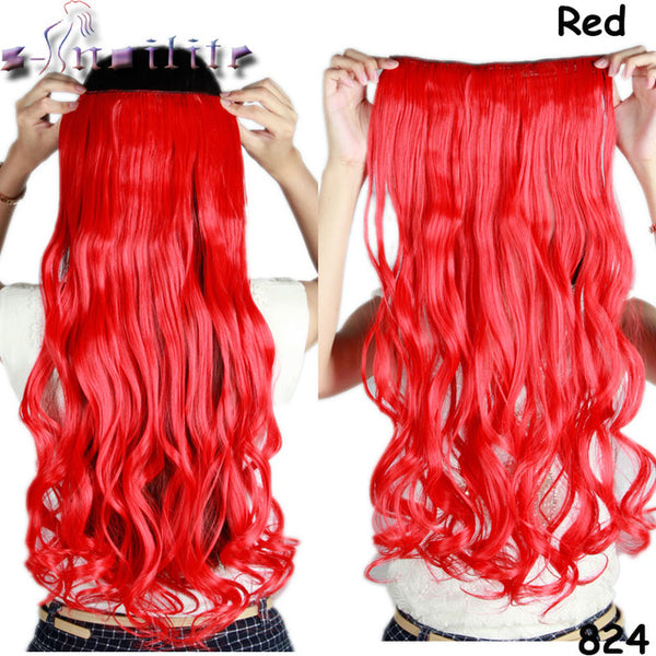 S-noilite 24 inches Curly Clip in Full Head Hair Extensions One Piece 5 Clips for human Cosplay Synthetic Hair Red Pink Purple