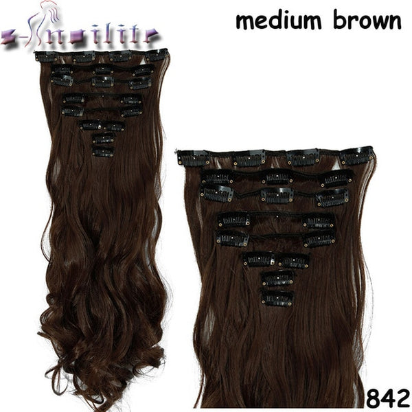 S-noilite Long 8PCS FULL HEAD Clip in on Hair Extensions 18Clips in Curly Natural Hairpieces Synthetic Fiber For Women