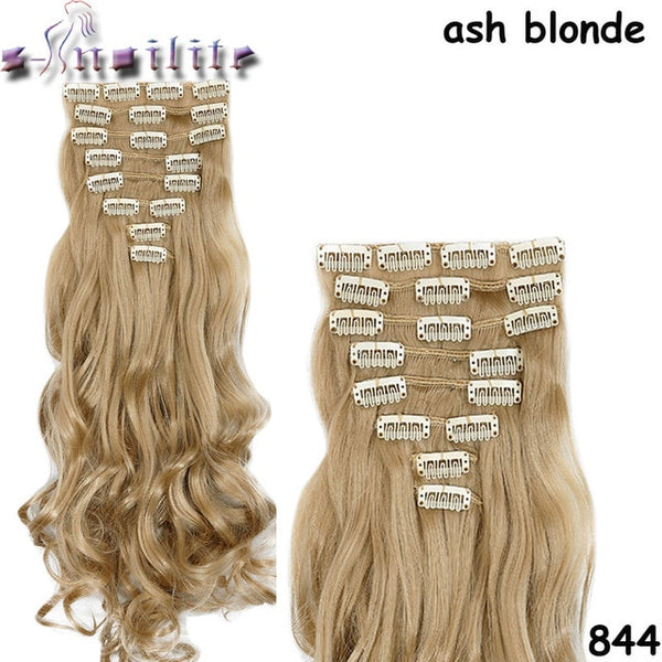 S-noilite Long 8PCS FULL HEAD Clip in on Hair Extensions 18Clips in Curly Natural Hairpieces Synthetic Fiber For Women