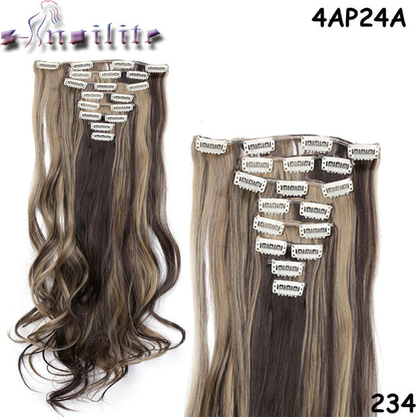 S-noilite Long 8PCS FULL HEAD Clip in on Hair Extensions 18Clips in Curly Natural Hairpieces Synthetic Fiber For Women