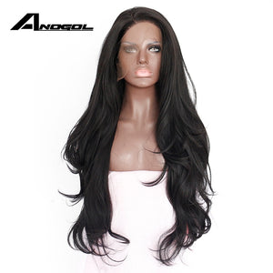 Anogol Natural Hairline Glueless High Temperature Fiber Hair Wigs Swiss Long Wavy 1# Black Synthetic Lace Front Wig for Women