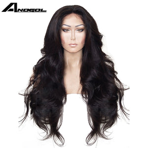 Anogol High Temperature Fiber Hair Natural Hairline Glueless Long Body Wave 1B Black Synthetic Lace Front Wig with Middle Part