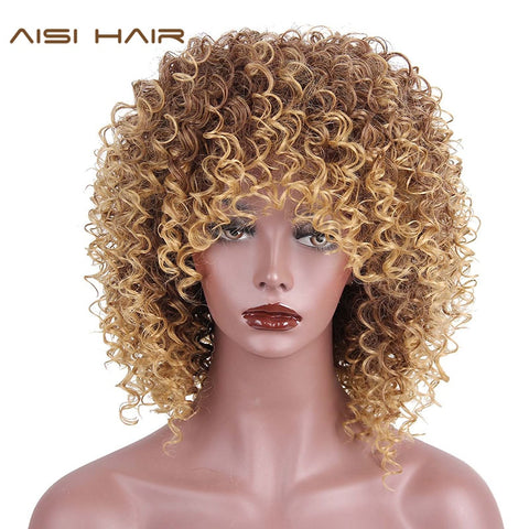 AISI HAIR High Temperature Fiber Mixed Brown and Blonde Color Synthetic Short Hair Afro Kinky Curly Wigs for  Women Black Hair