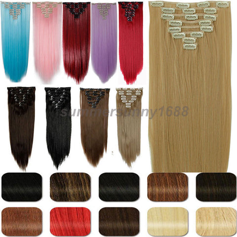 S-noilite 8Pcs Long 26 inches Straight Full Head Clip in on Hair Extensions real Synthetic Black Brown Blonde Red Pink Purple