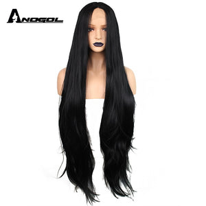 Anogol Long Natural Wave Middle Part High Temperature Fiber Glueless Black Synthetic Hair Lace Front Wigs For Women