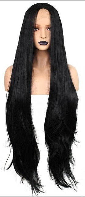 Anogol Long Natural Wave Middle Part High Temperature Fiber Glueless Black Synthetic Hair Lace Front Wigs For Women