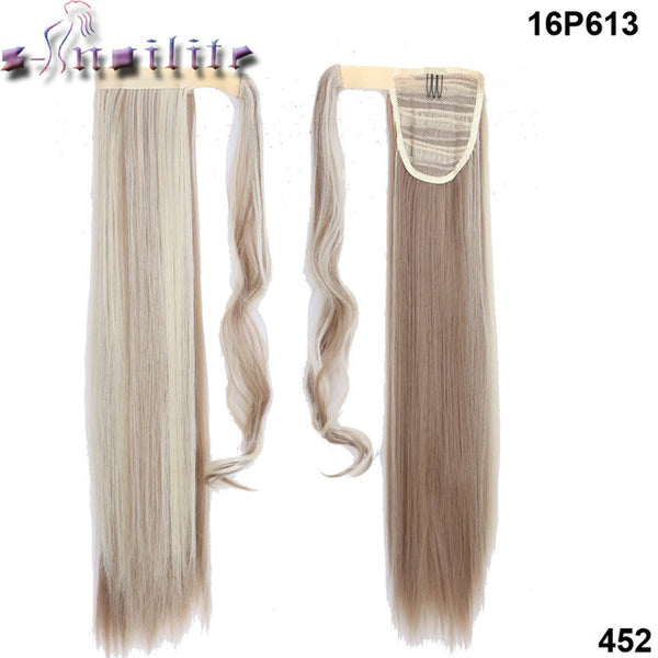 S-noilite 24'' Long Straight Synthetic Ponytail Wrap Around Clip In Ponytail Hair Extensions Heat Resistant Hair Tail