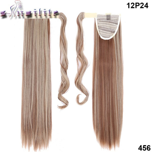 S-noilite 24'' Long Straight Synthetic Ponytail Wrap Around Clip In Ponytail Hair Extensions Heat Resistant Hair Tail