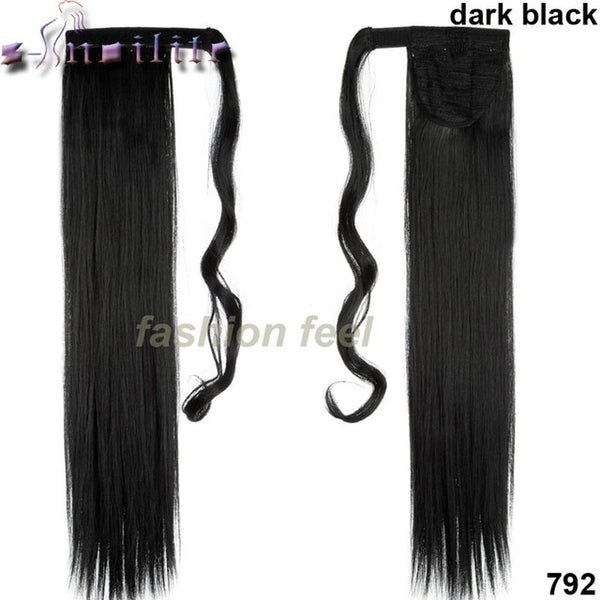 S-noilite 24'' Long Straight Synthetic Ponytail Wrap Around Clip In Ponytail Hair Extensions Heat Resistant Hair Tail