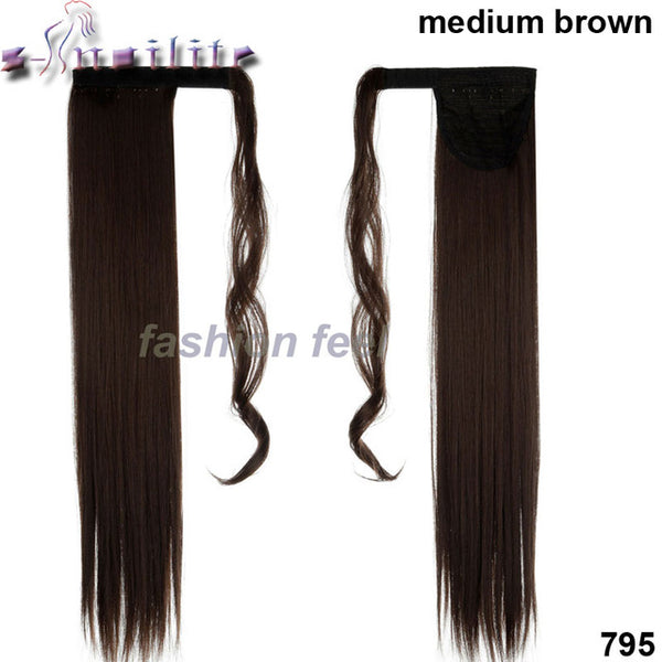 S-noilite 24'' Long Straight Synthetic Ponytail Wrap Around Clip In Ponytail Hair Extensions Heat Resistant Hair Tail