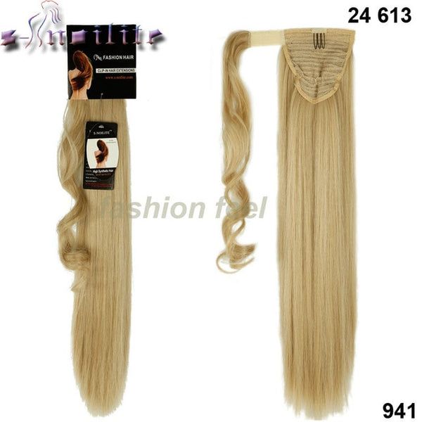 S-noilite 24'' Long Straight Synthetic Ponytail Wrap Around Clip In Ponytail Hair Extensions Heat Resistant Hair Tail