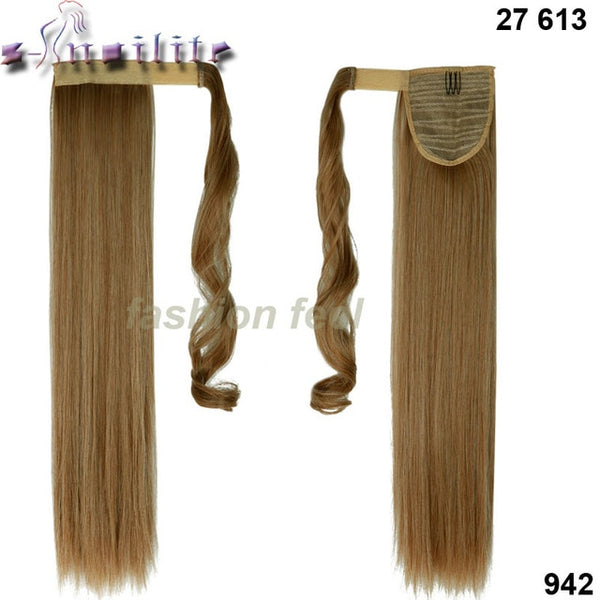 S-noilite 24'' Long Straight Synthetic Ponytail Wrap Around Clip In Ponytail Hair Extensions Heat Resistant Hair Tail