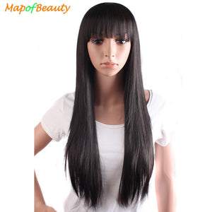 MapofBeauty Heat Resistant Long Straight Synthetic Brown Black Hair Wig Costume Cosplay Salon Party Women Flat Bangs Hairpieces