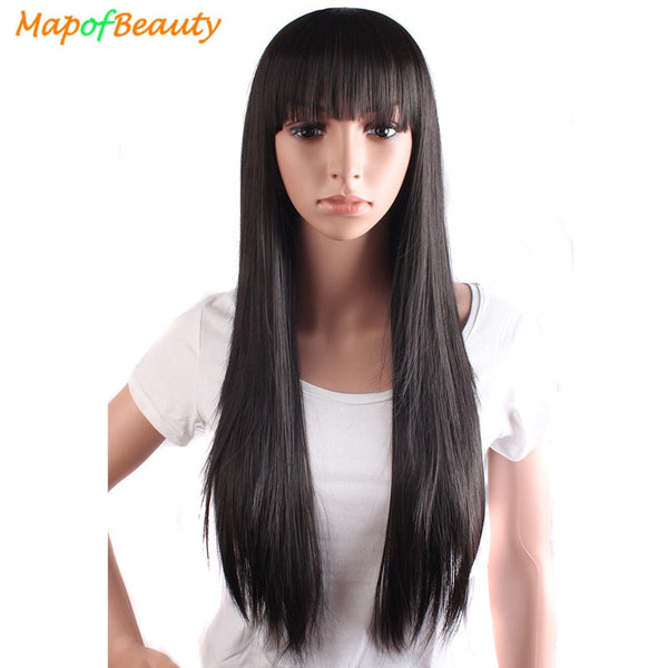 MapofBeauty Heat Resistant Long Straight Synthetic Brown Black Hair Wig Costume Cosplay Salon Party Women Flat Bangs Hairpieces