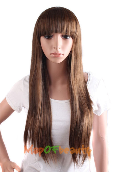 MapofBeauty Heat Resistant Long Straight Synthetic Brown Black Hair Wig Costume Cosplay Salon Party Women Flat Bangs Hairpieces